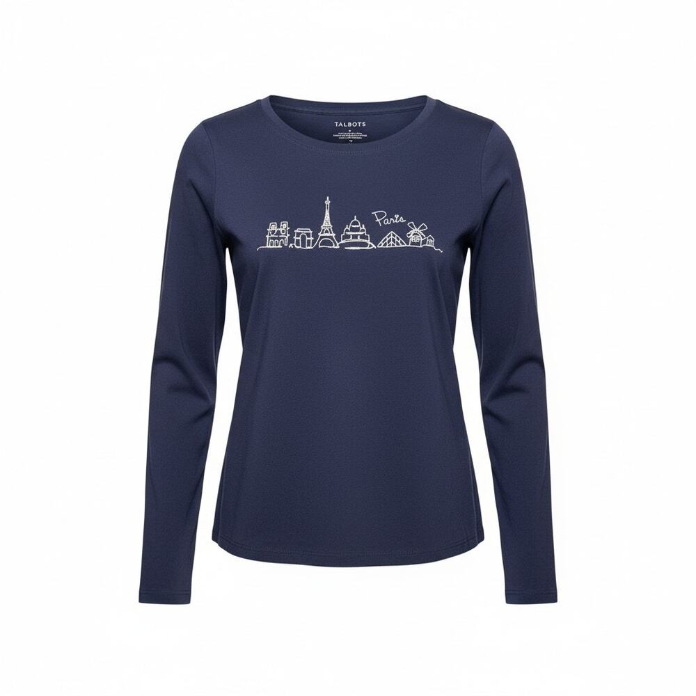 NWT Talbots Navy 100% Cotton  Paris Embroidered Long Sleeve Size Small